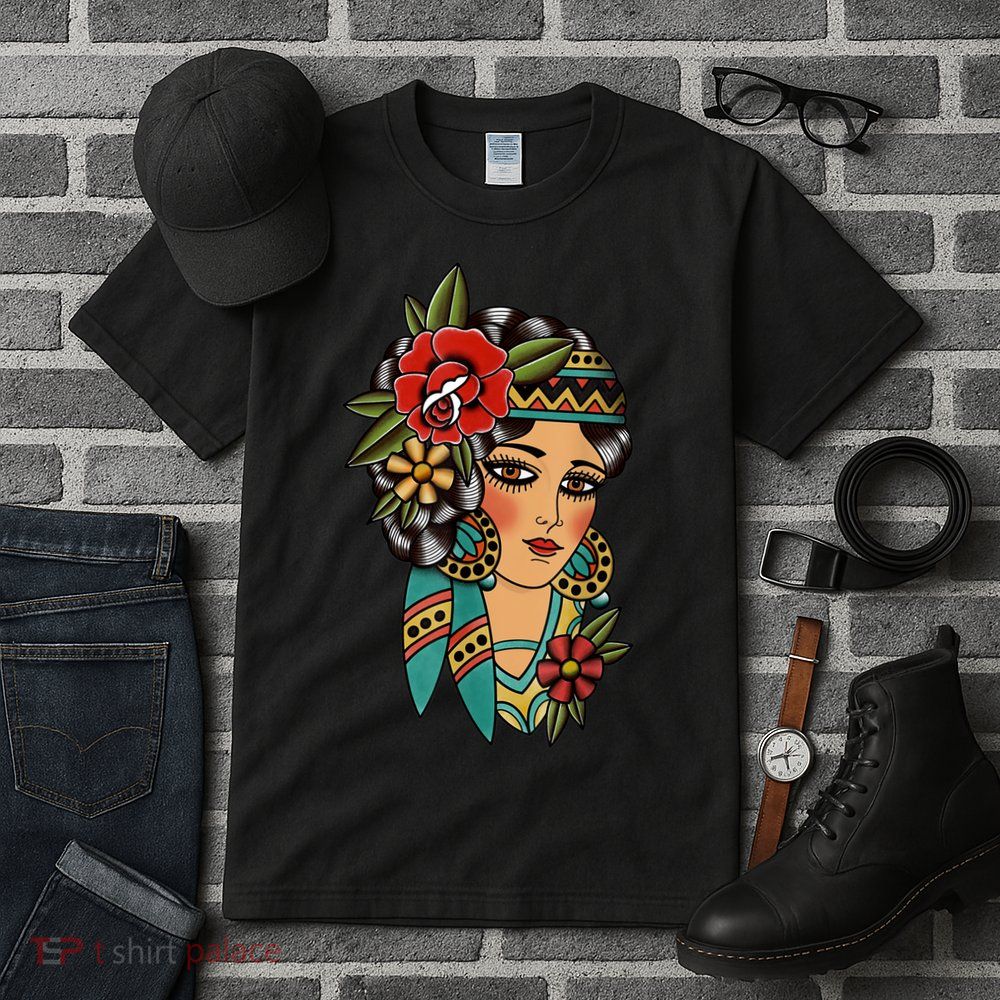 Gypsy Lady Head American Traditional Tattoo Design Tall T-Shirt