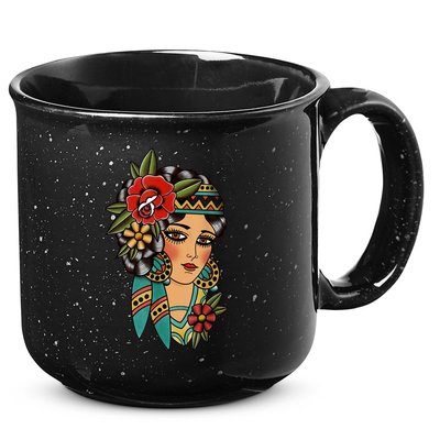 Gypsy Lady Head American Traditional Tattoo Design 15oz Campfire Ceramic Mug