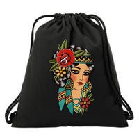 Gypsy Lady Head American Traditional Tattoo Design Drawstring Bag