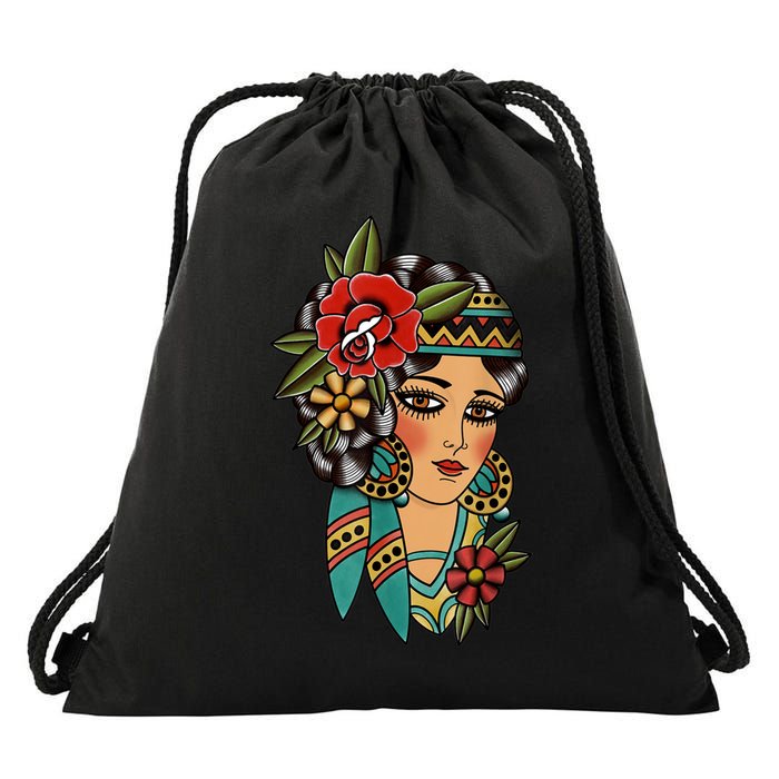 Gypsy Lady Head American Traditional Tattoo Design Drawstring Bag