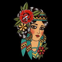 Gypsy Lady Head American Traditional Tattoo Design Drawstring Bag
