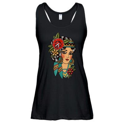 Gypsy Lady Head American Traditional Tattoo Design Ladies Essential Flowy Tank