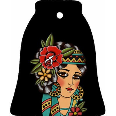 Gypsy Lady Head American Traditional Tattoo Design Ceramic Bell Ornament