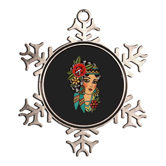 Gypsy Lady Head American Traditional Tattoo Design Metallic Star Ornament