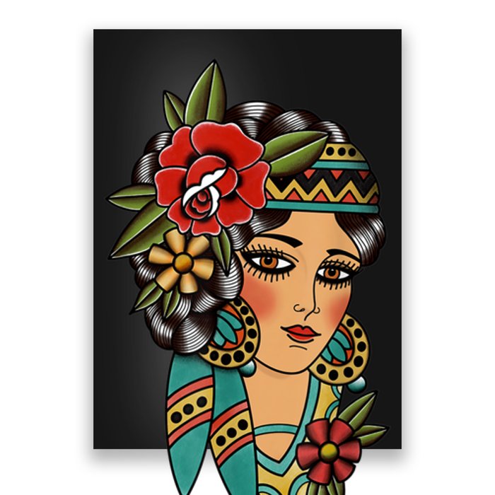 Gypsy Lady Head American Traditional Tattoo Design Poster