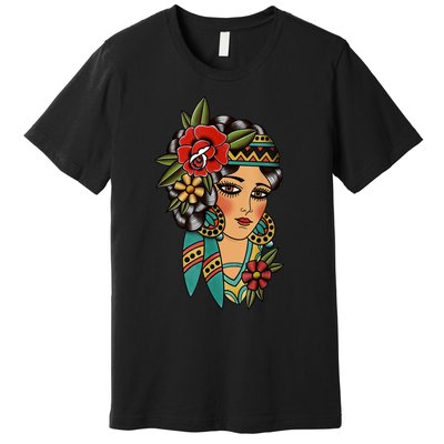 Gypsy Lady Head American Traditional Tattoo Design Premium T-Shirt