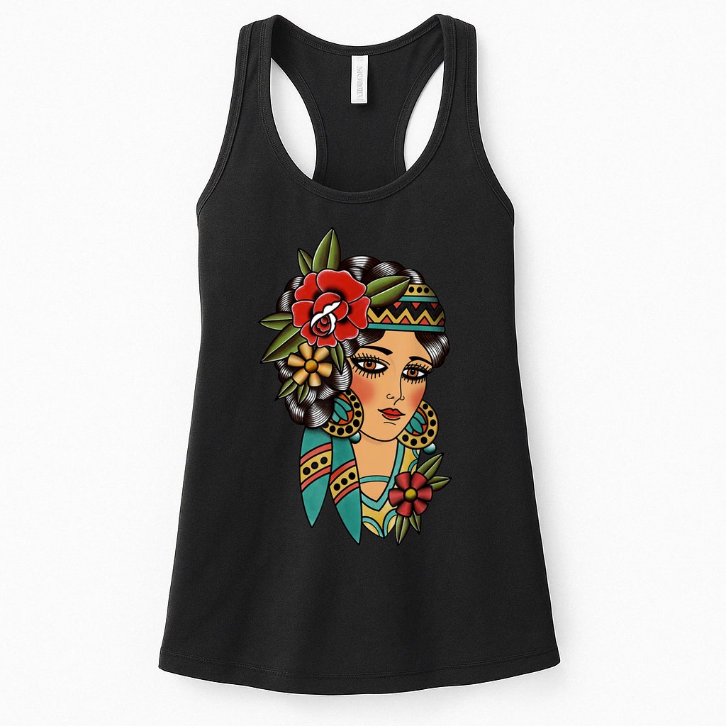 Gypsy Lady Head American Traditional Tattoo Design Womens Tank Top