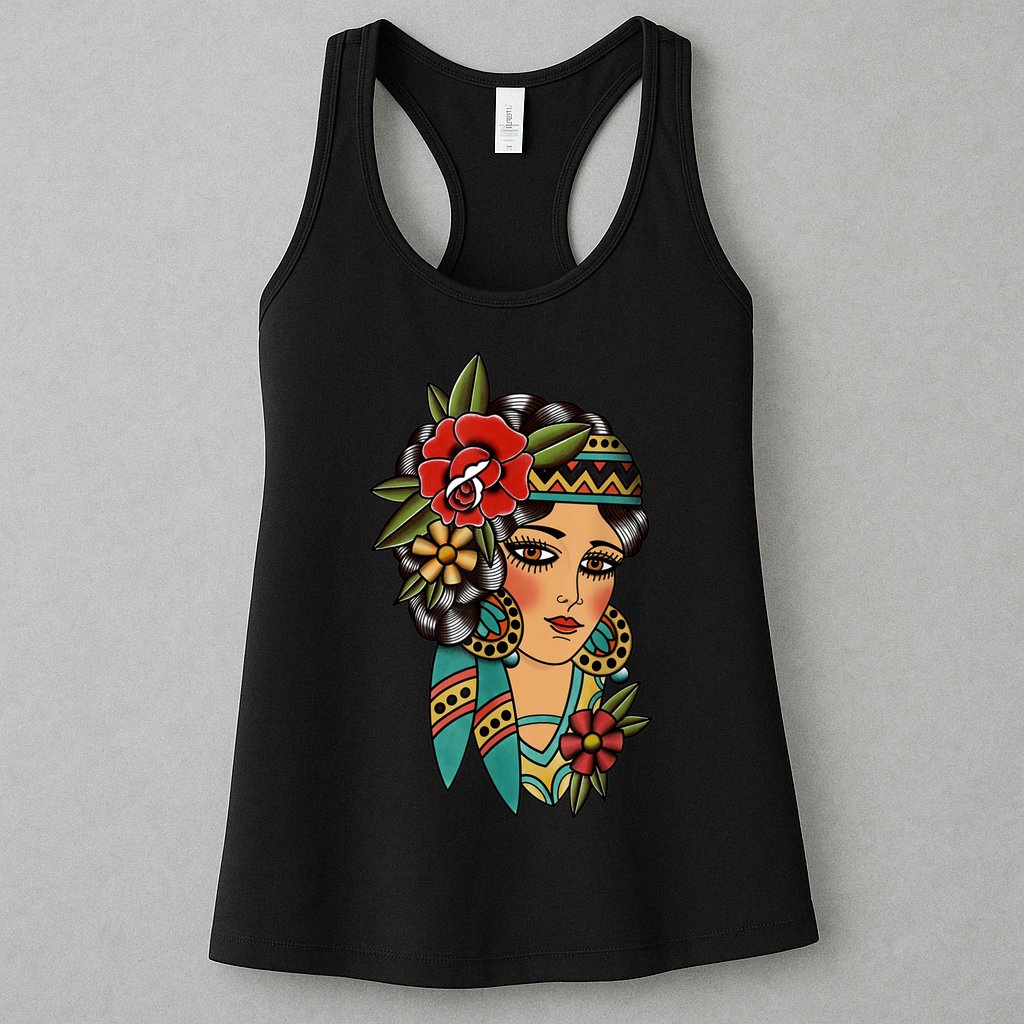 Gypsy Lady Head American Traditional Tattoo Design Womens Tank Top