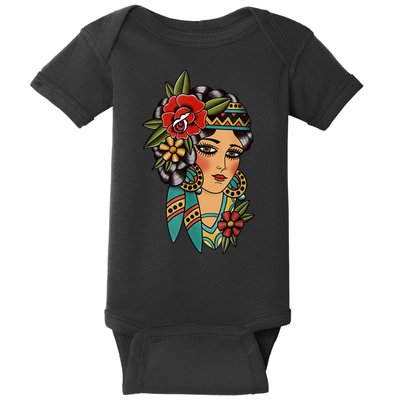 Gypsy Lady Head American Traditional Tattoo Design Baby Bodysuit