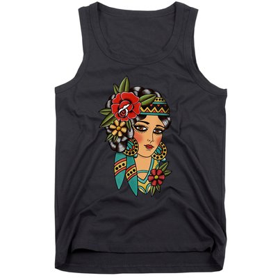 Gypsy Lady Head American Traditional Tattoo Design Tank Top