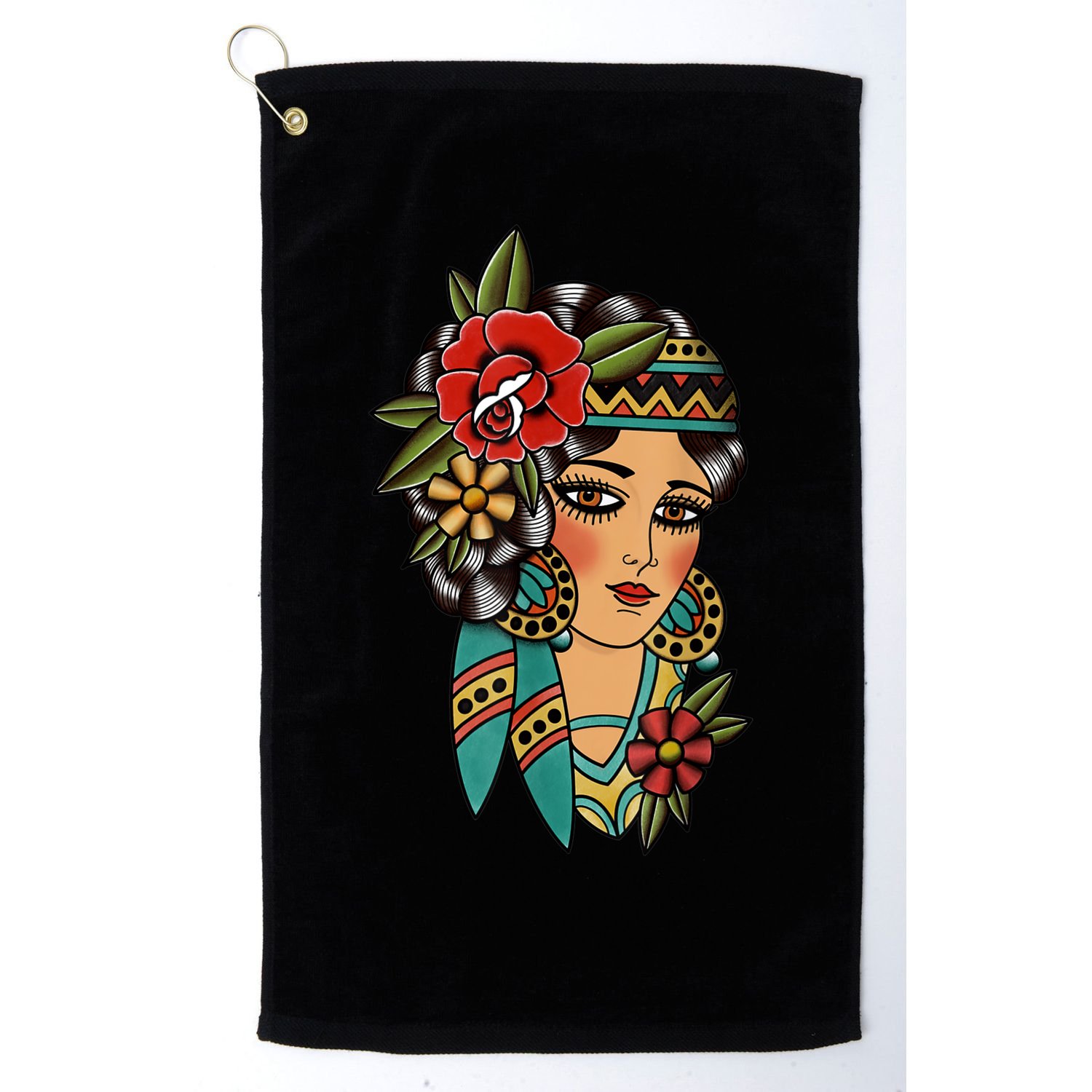 Gypsy Lady Head American Traditional Tattoo Design Golf Towel