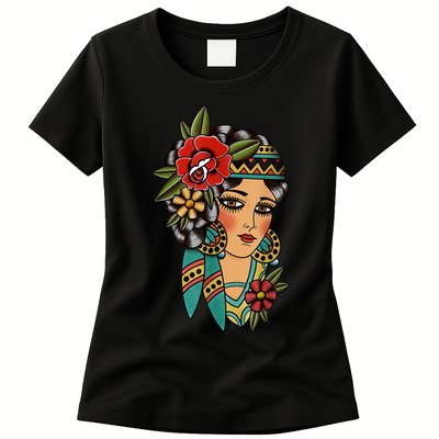 Gypsy Lady Head American Traditional Tattoo Design Womens T-Shirt