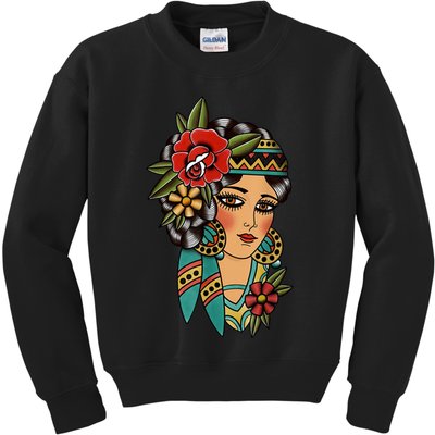 Gypsy Lady Head American Traditional Tattoo Design Kids Sweatshirt