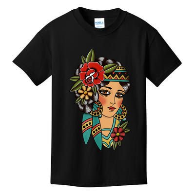 Gypsy Lady Head American Traditional Tattoo Design Kids T-Shirt