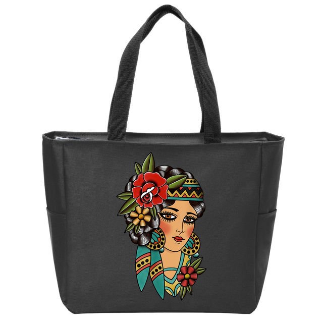 Gypsy Lady Head American Traditional Tattoo Design Zip Tote Bag