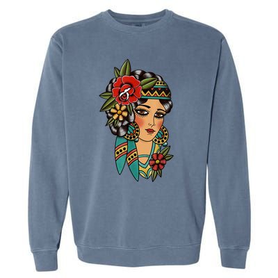 Gypsy Lady Head American Traditional Tattoo Design Garment-Dyed Sweatshirt