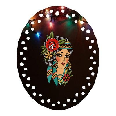 Gypsy Lady Head American Traditional Tattoo Design Ceramic Oval Ornament