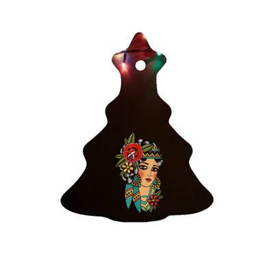 Gypsy Lady Head American Traditional Tattoo Design Ceramic Tree Ornament