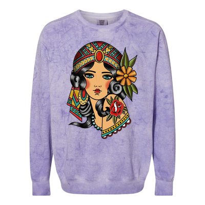 Gypsy Lady Head Fortune Teller American Traditional Tattoo Colorblast Crewneck Sweatshirt