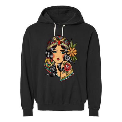 Gypsy Lady Head Fortune Teller American Traditional Tattoo Garment-Dyed Fleece Hoodie