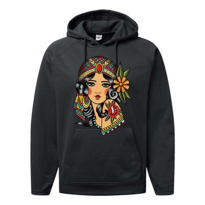 Gypsy Lady Head Fortune Teller American Traditional Tattoo Performance Fleece Hoodie