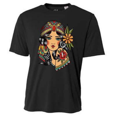 Gypsy Lady Head Fortune Teller American Traditional Tattoo Cooling Performance Crew T-Shirt