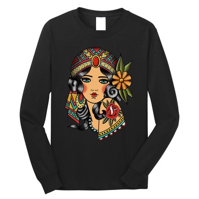 Gypsy Lady Head Fortune Teller American Traditional Tattoo Long Sleeve Shirt