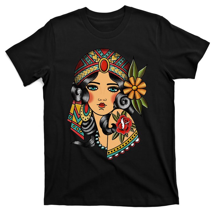 Gypsy Lady Head Fortune Teller American Traditional Tattoo T-Shirt