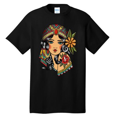 Gypsy Lady Head Fortune Teller American Traditional Tattoo Tall T-Shirt