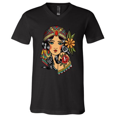 Gypsy Lady Head Fortune Teller American Traditional Tattoo V-Neck T-Shirt