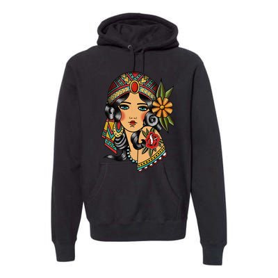 Gypsy Lady Head Fortune Teller American Traditional Tattoo Premium Hoodie