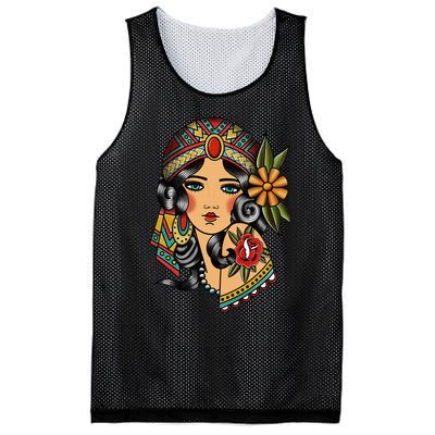 Gypsy Lady Head Fortune Teller American Traditional Tattoo Mesh Reversible Basketball Jersey Tank