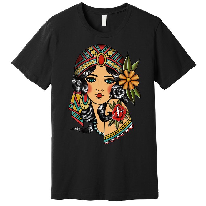 Gypsy Lady Head Fortune Teller American Traditional Tattoo Premium T-Shirt