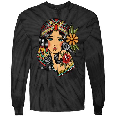 Gypsy Lady Head Fortune Teller American Traditional Tattoo Tie-Dye Long Sleeve Shirt