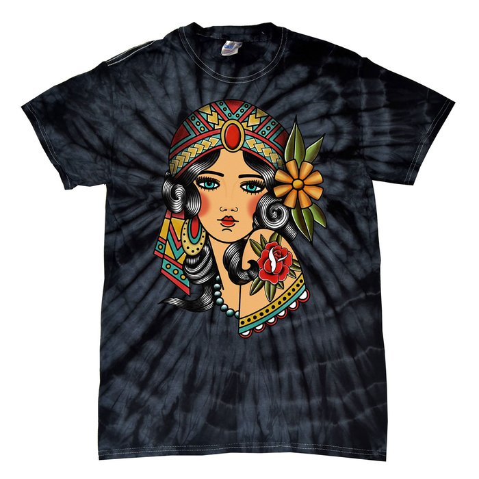 Gypsy Lady Head Fortune Teller American Traditional Tattoo Tie-Dye T-Shirt