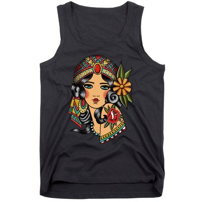 Gypsy Lady Head Fortune Teller American Traditional Tattoo Tank Top