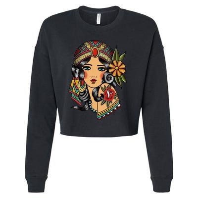 Gypsy Lady Head Fortune Teller American Traditional Tattoo Cropped Pullover Crew