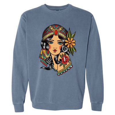 Gypsy Lady Head Fortune Teller American Traditional Tattoo Garment-Dyed Sweatshirt