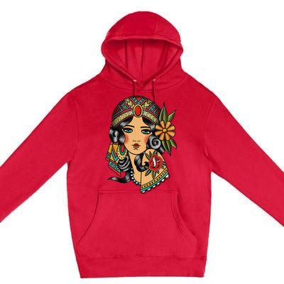 Gypsy Lady Head Fortune Teller American Traditional Tattoo Premium Pullover Hoodie