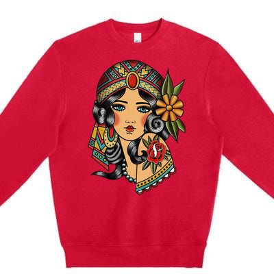 Gypsy Lady Head Fortune Teller American Traditional Tattoo Premium Crewneck Sweatshirt