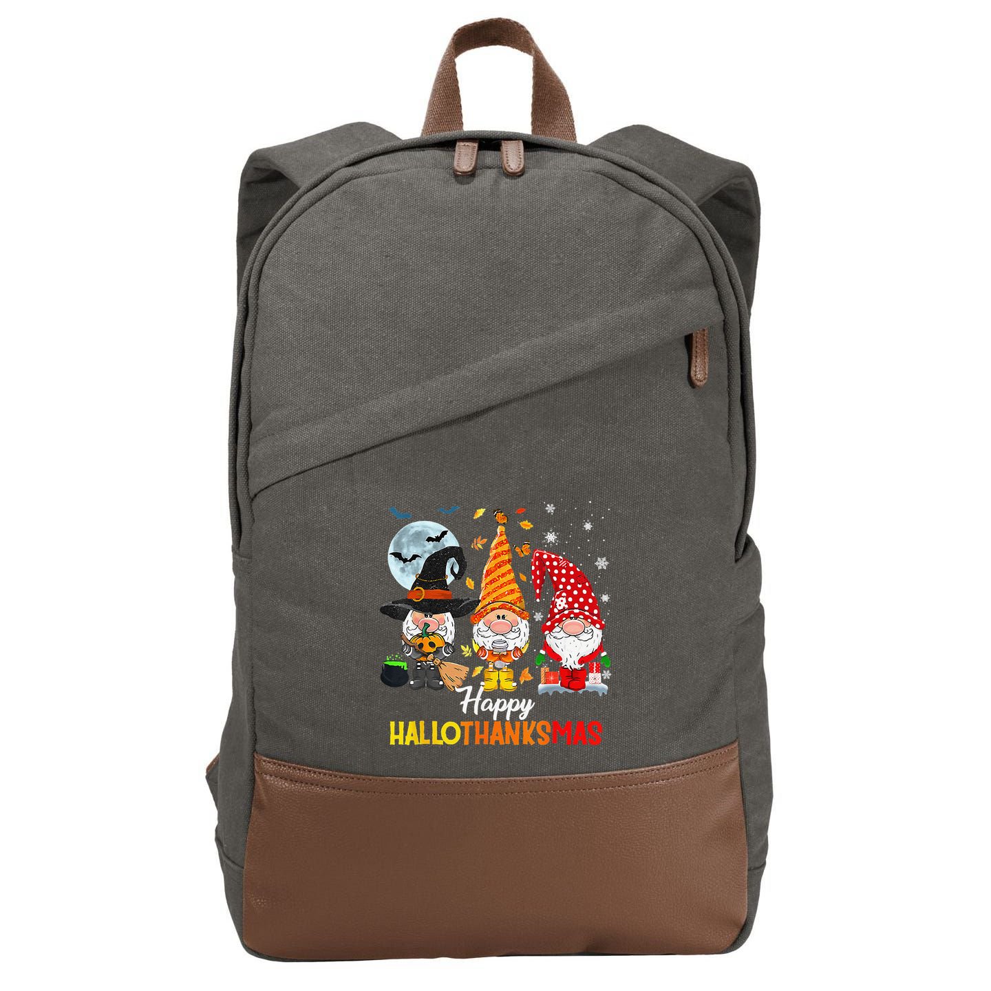 Gnomes Lover Halloween Merry Christmas Happy Hallothanksmas Cotton Canvas Backpack