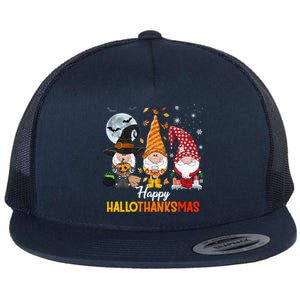 Gnomes Lover Halloween Merry Christmas Happy Hallothanksmas Flat Bill Trucker Hat