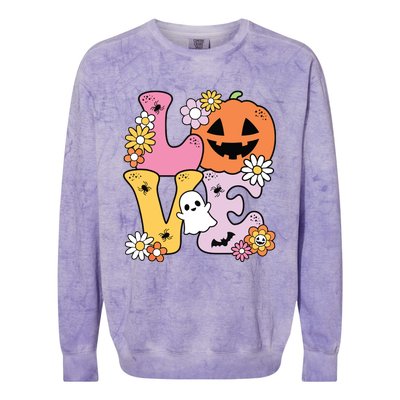 Groovy Love Halloween Floral Pumpkin Ghost Retro Colorblast Crewneck Sweatshirt