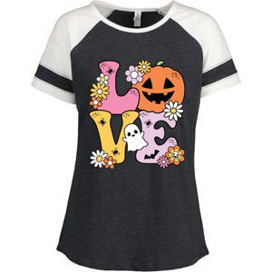 Groovy Love Halloween Floral Pumpkin Ghost Retro Enza Ladies Jersey Colorblock Tee