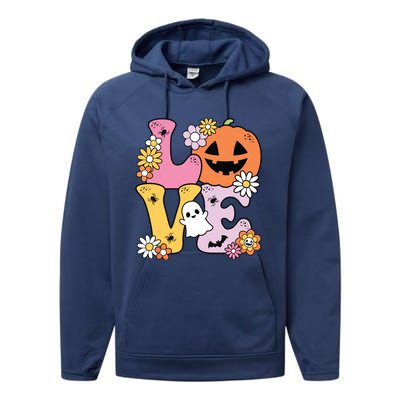 Groovy Love Halloween Floral Pumpkin Ghost Retro Performance Fleece Hoodie