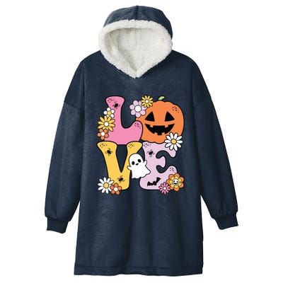 Groovy Love Halloween Floral Pumpkin Ghost Retro Hooded Wearable Blanket