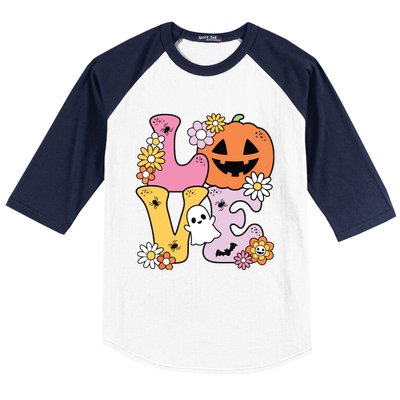 Groovy Love Halloween Floral Pumpkin Ghost Retro Baseball Sleeve Shirt