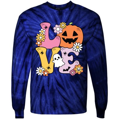 Groovy Love Halloween Floral Pumpkin Ghost Retro Tie-Dye Long Sleeve Shirt