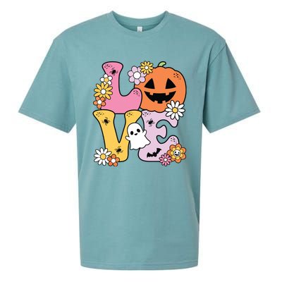 Groovy Love Halloween Floral Pumpkin Ghost Retro Sueded Cloud Jersey T-Shirt