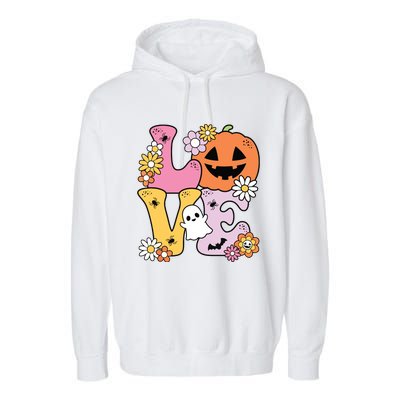 Groovy Love Halloween Floral Pumpkin Ghost Retro Garment-Dyed Fleece Hoodie